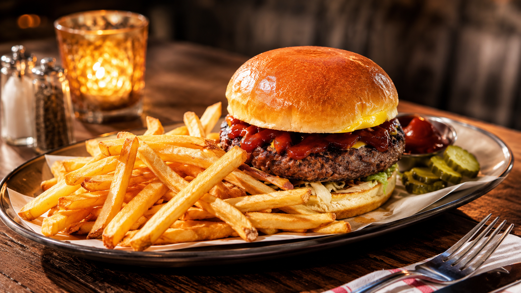 Burger maison au bœuf, cheddar fondu et sauce, servi avec une généreuse portion de frites
