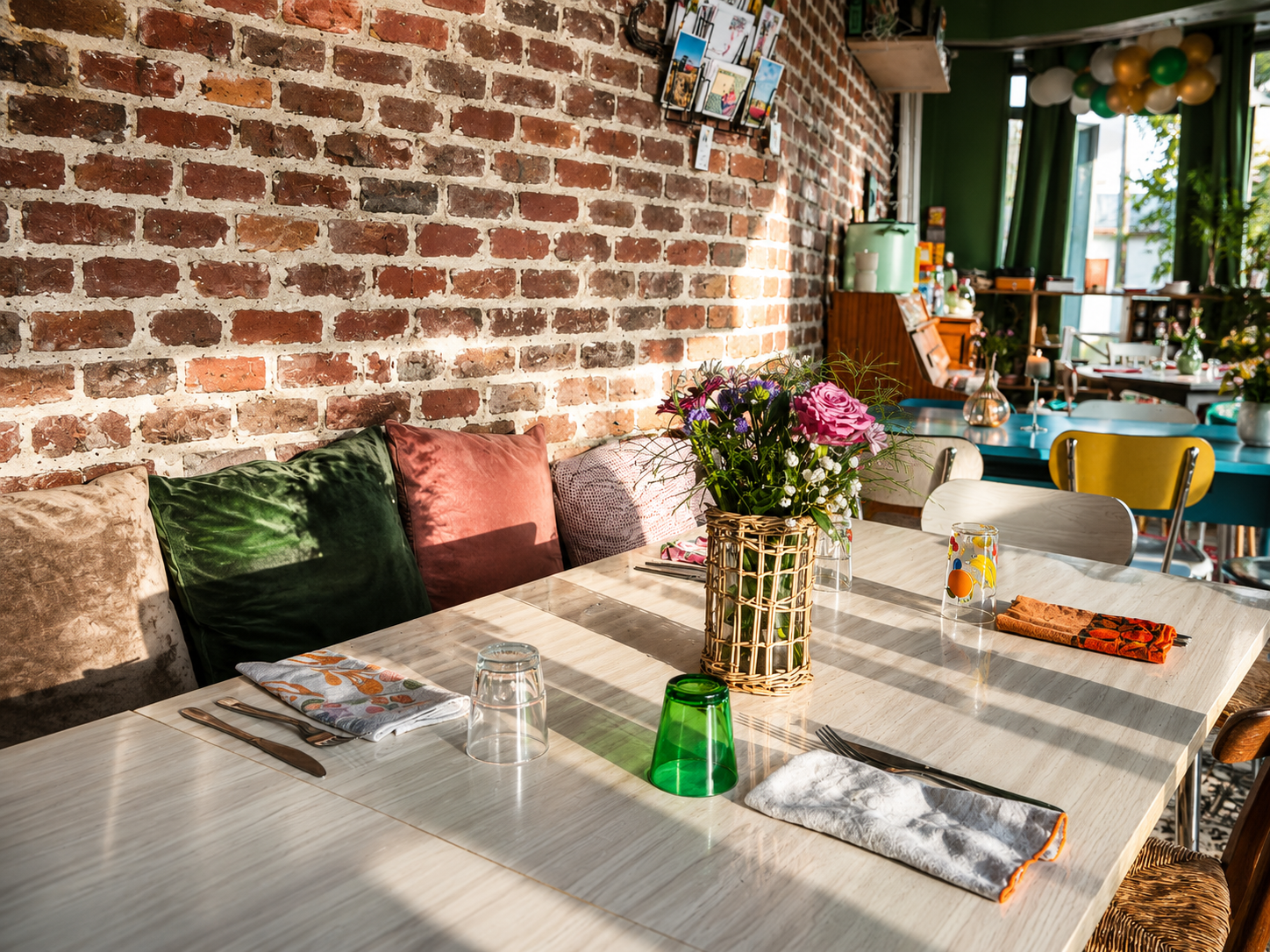 Salle intérieure de Chez les Sister's : mur de brique, banquette aux coussins dépareillés, vase en osier fleuri, verres colorés et, au fond, tables et chaises chinées sur fond vert forêt